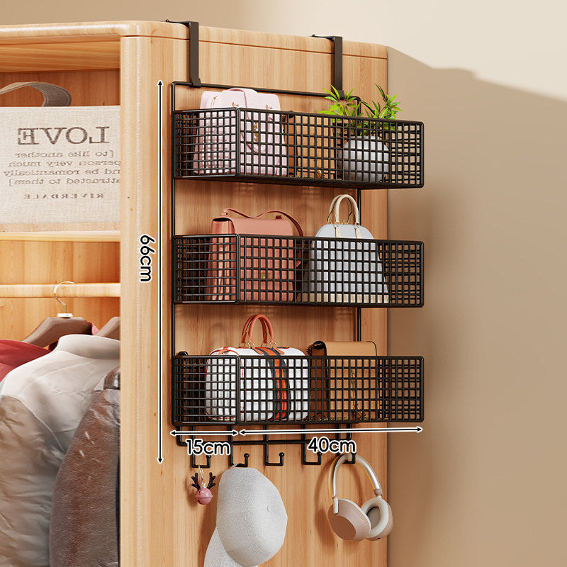 Over-Door Four-Tier Metal Mesh Hanging Storage Organizer with Integrated Hooks