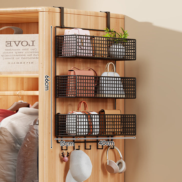 Over-Door Four-Tier Metal Mesh Hanging Storage Organizer with Integrated Hooks