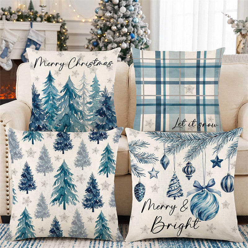 Holiday Cotton-Linen Square Throw Pillow Cover with Watercolor Ornament Illustration and Merry & Bright Script