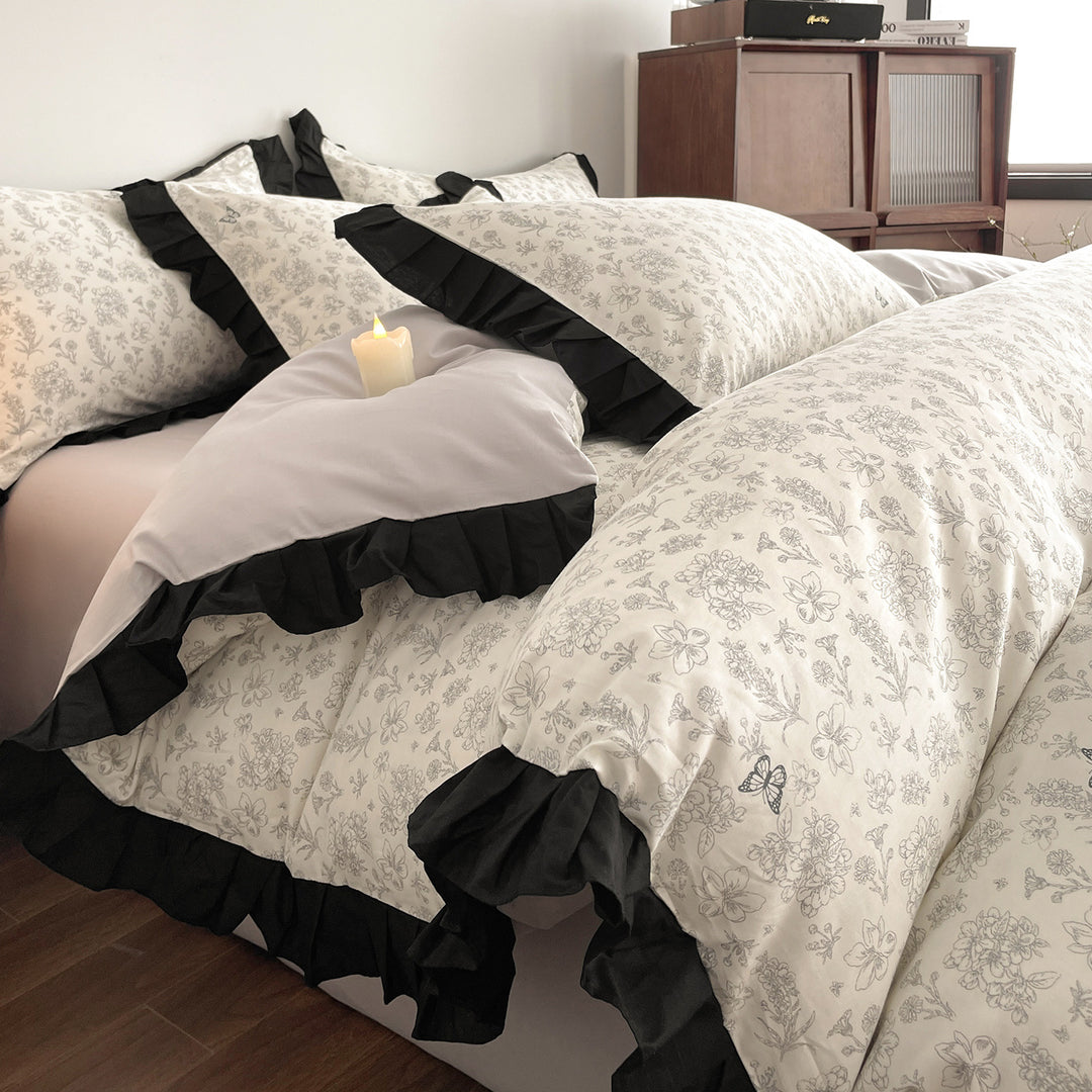 Floral Duvet Cover Set with Ruffled Contrast Border and Bunny Accent Pillow Shams