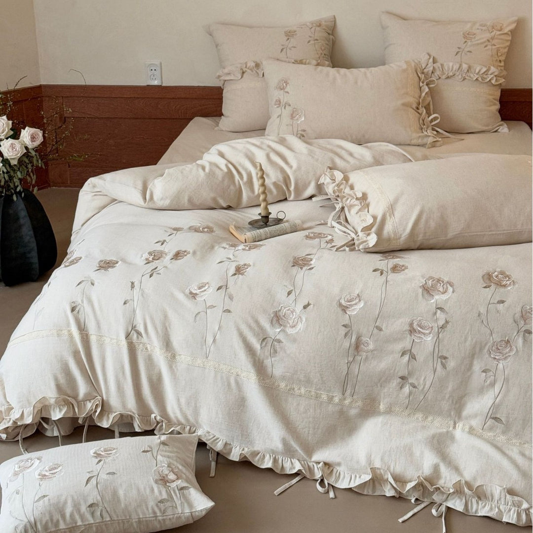 Embroidered Rose Linen‑Feel Ruffled Duvet Cover Set with Ties