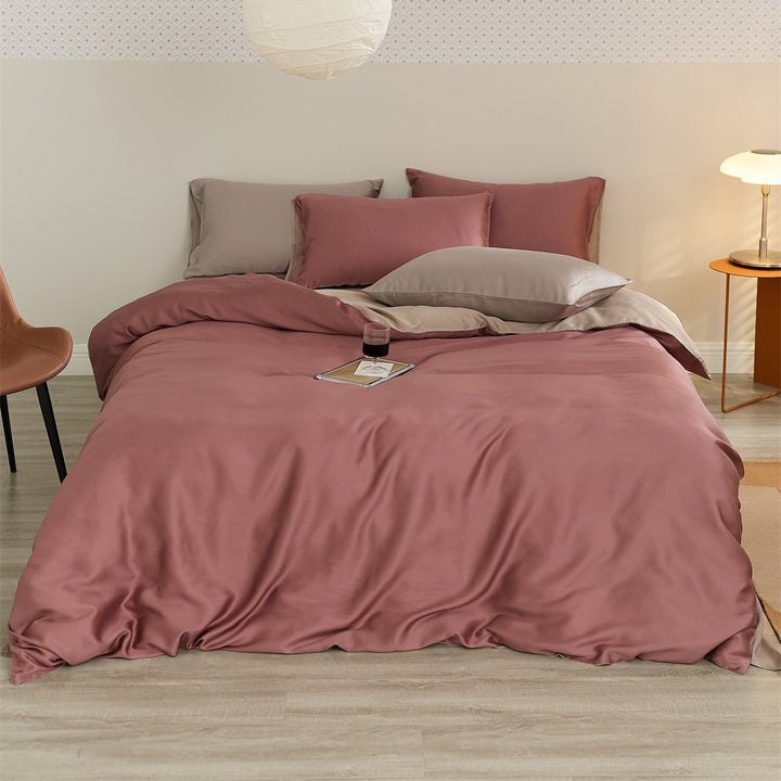 Reversible satin bedding set with a silky glossy feel and skin-friendly cotton blend