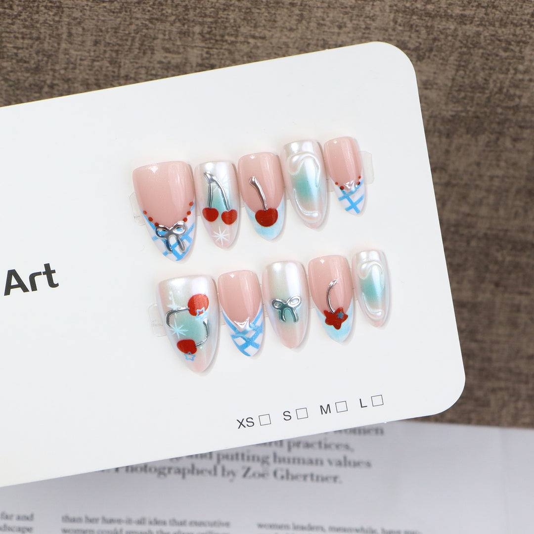 Decorative Press-On Nail Art Set with Charming Cherries and Delicate Accents Stornfield