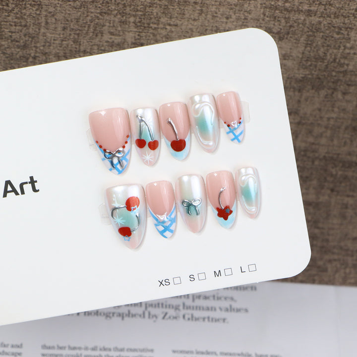 Decorative Press-On Nail Art Set with Charming Cherries and Delicate Accents Stornfield
