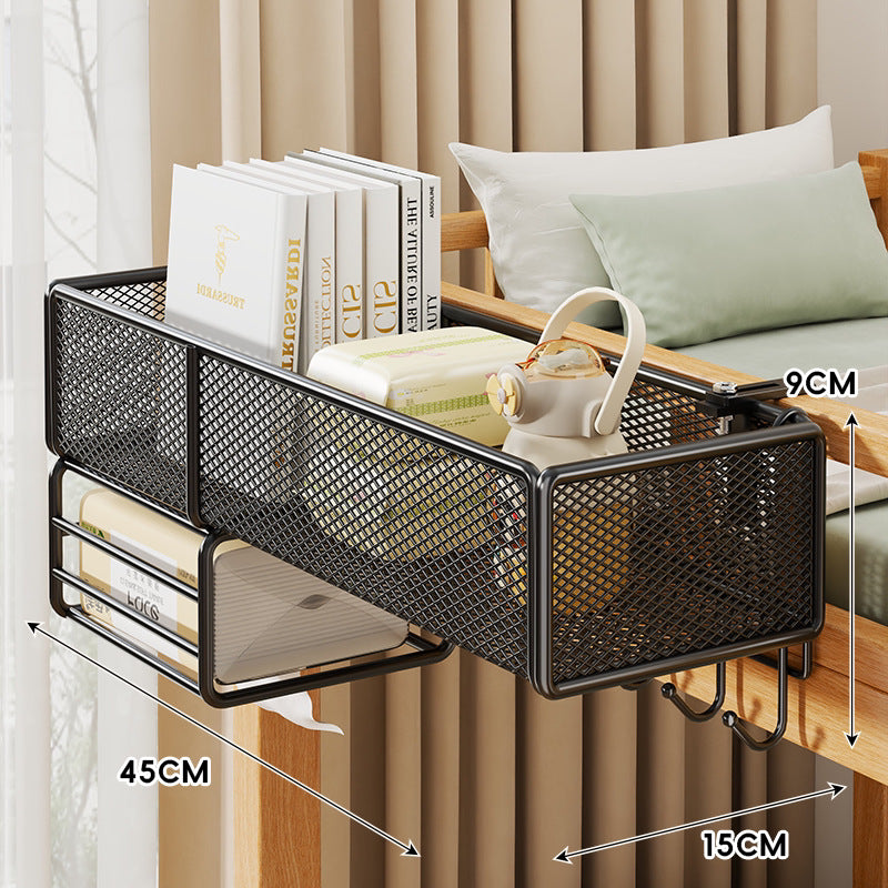 Clamp-On Mesh Bedside Rail Organizer Shelf with Multi Hooks