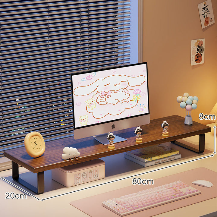 Low-Profile Wooden Monitor Riser with Metal Legs and Under-Shelf Storage