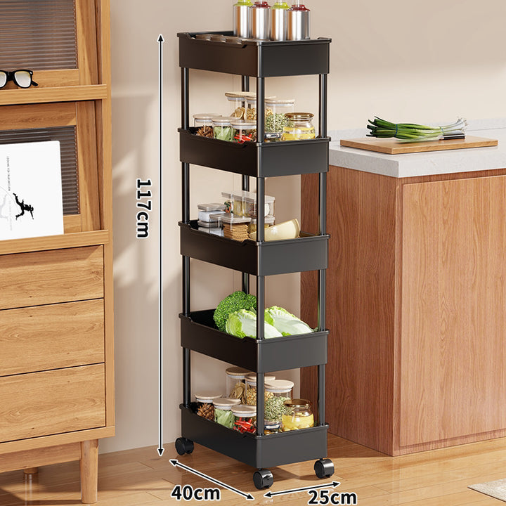 Four-Tier Slim Rolling Kitchen Storage Cart with Deep Trays and Locking Casters