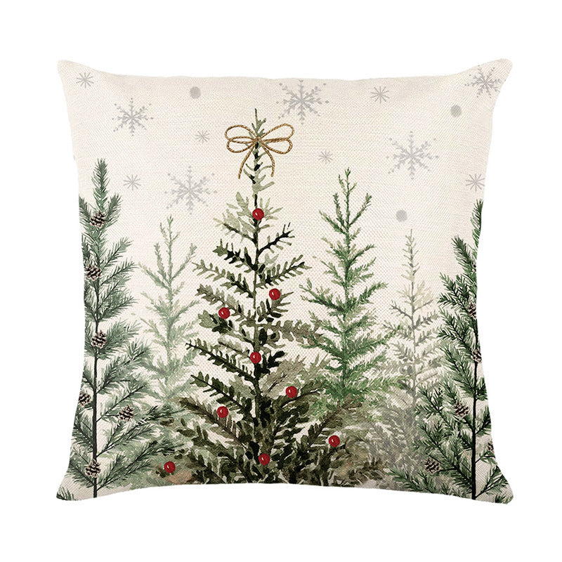 Square Linen-Blend Holiday Cushion Cover with Watercolor Evergreen Forest and Berry Accent