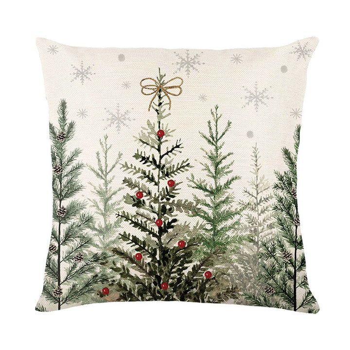 Square Linen-Blend Holiday Cushion Cover with Watercolor Evergreen Forest and Berry Accent