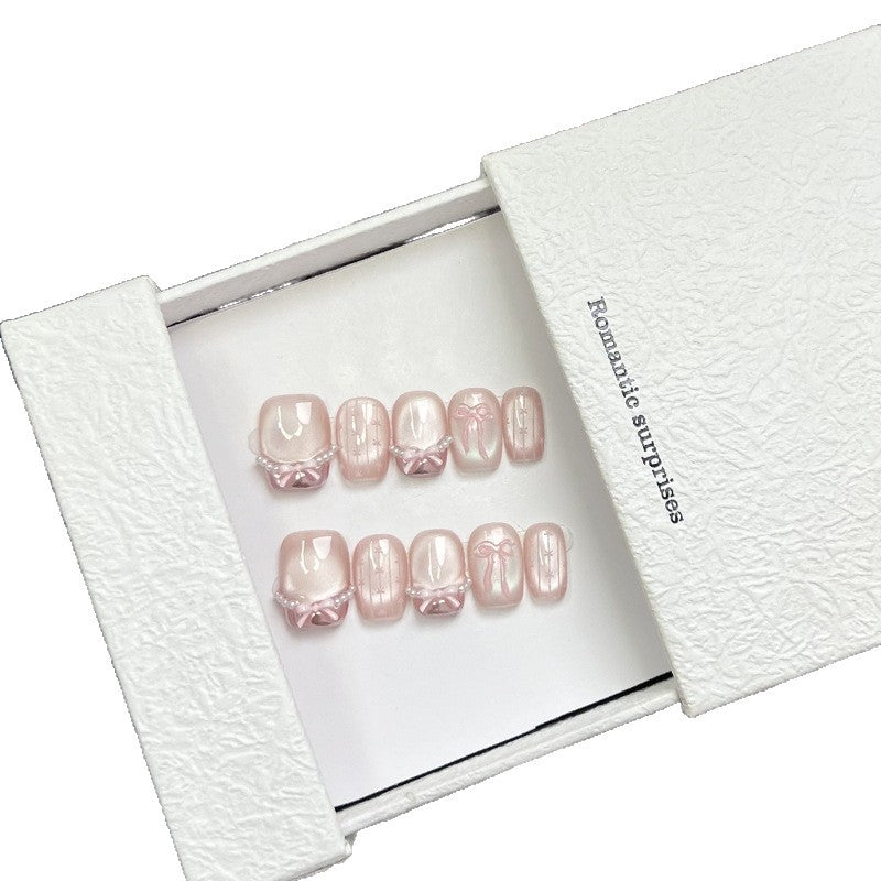 Romantic Bow-Embellished Press-On Nail Design