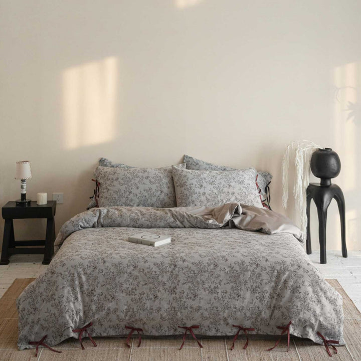 Botanical Tie-Detail Cotton Duvet Cover Set with Bow-Tied Hem & Reversible Shams