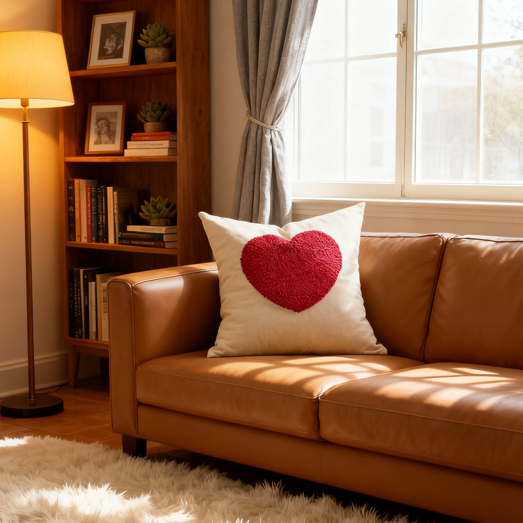 Tufted Hooked Heart and Daisy Accent Throw Pillow Cover with Tassel Corners