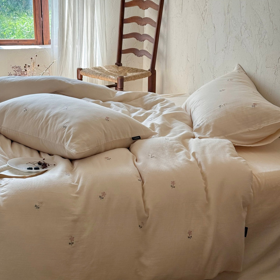 Washed Cotton-Linen Embroidered Floral Duvet Cover Set