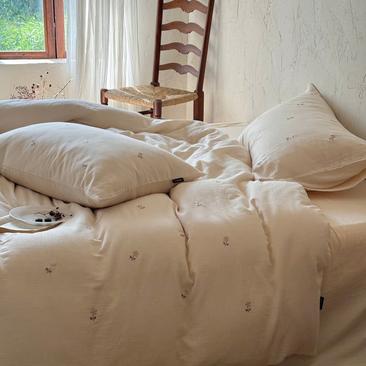 Washed Cotton-Linen Embroidered Floral Duvet Cover Set