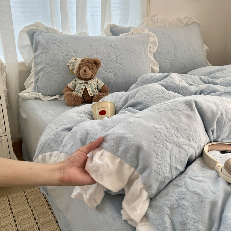 Plush Embossed Velvet-Feel Ruffled Duvet Cover Set with Frilled Pillow Shams