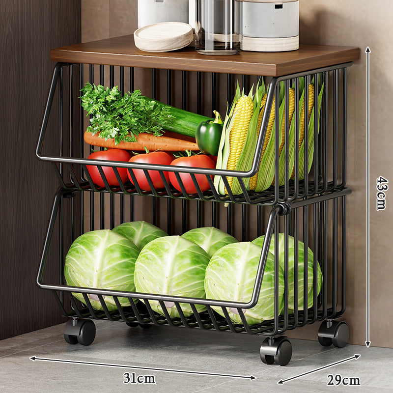 Slim Vertical Multi-Tier Fruit and Vegetable Storage Cart with Wood Top and Locking Casters