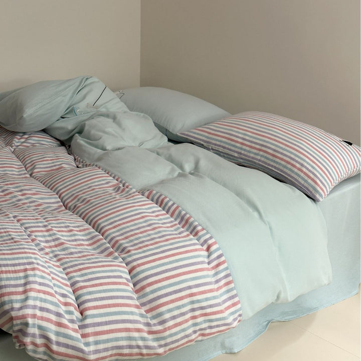 Pastel Striped Cotton Sateen Lightweight Duvet Cover Set with Solid Fitted Sheet and Accent Embroidered Sham