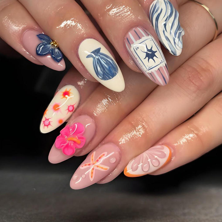 Artificial nail set with floral and maritime motifs Stornfield