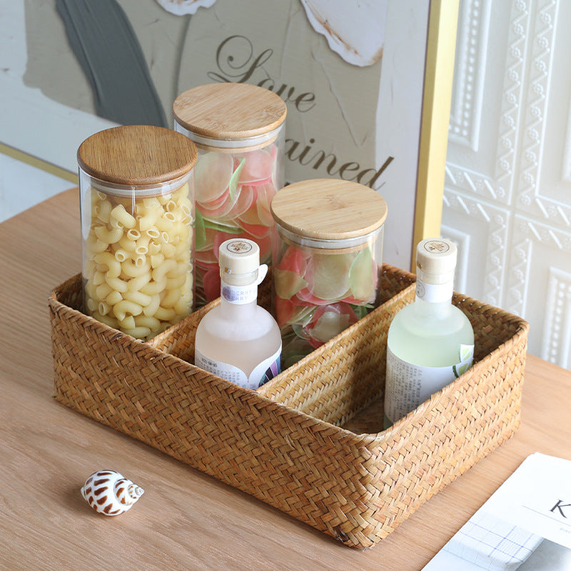 Unisex storage basket with three compartments made of handwoven natural material Stornfield