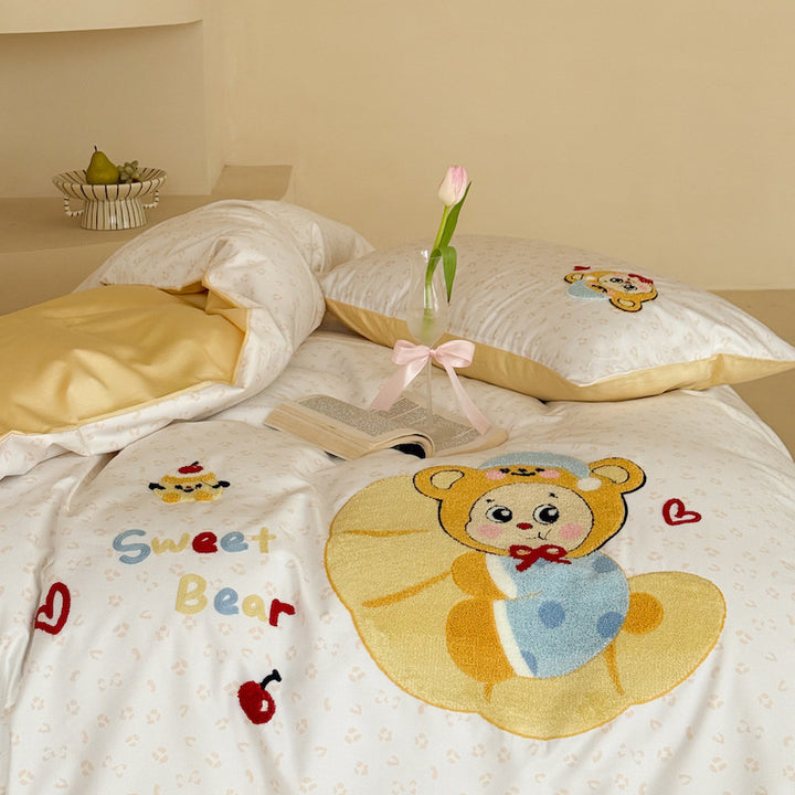 Cartoon Teddy Appliqué Cotton Sateen Duvet Cover & Sham Set