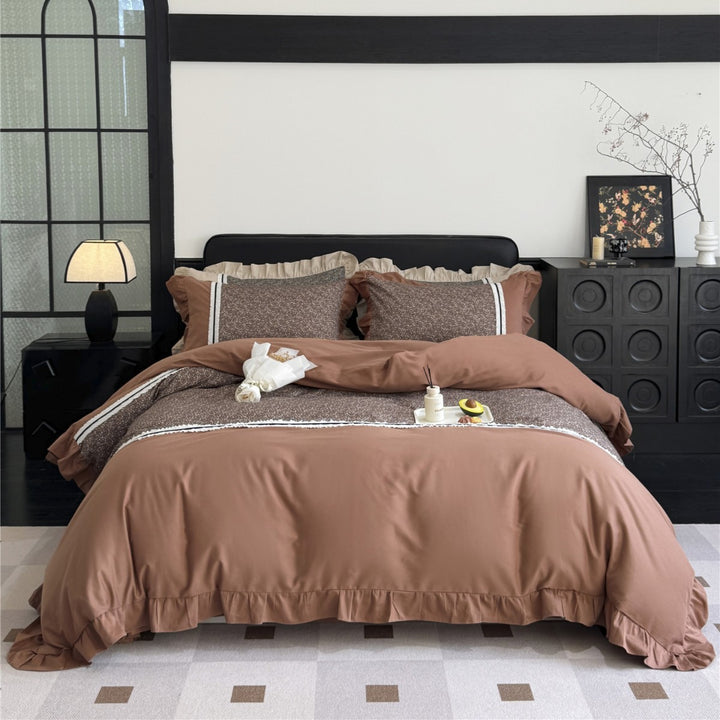 Ruffled-Edge Brushed Microfiber Duvet Cover Set with Center Floral Panel and Pillow Shams