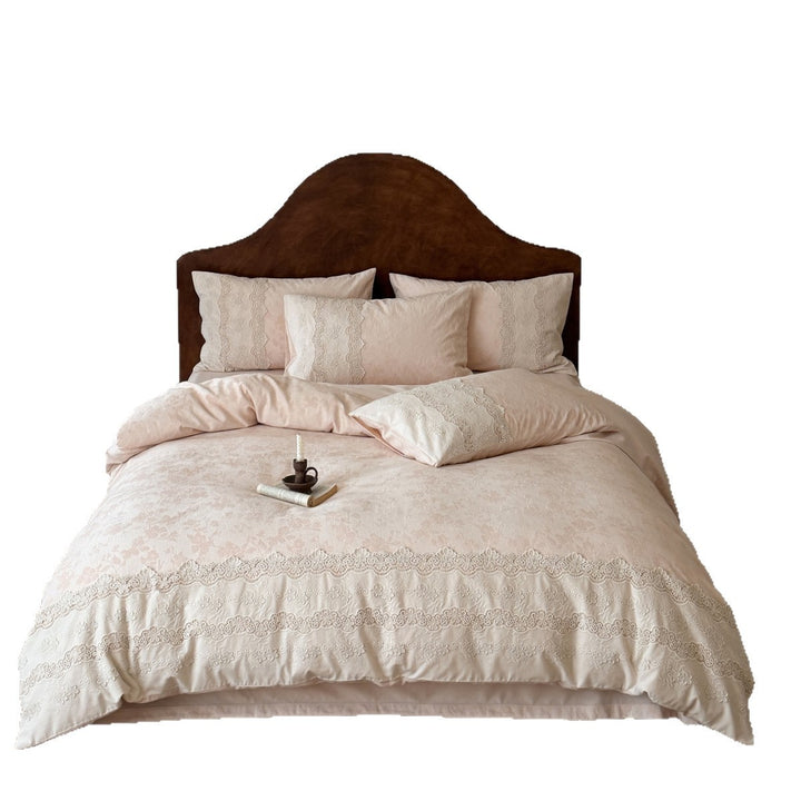 Hand-stitched Floral Jacquard Cotton Duvet Cover Set with Lace Border