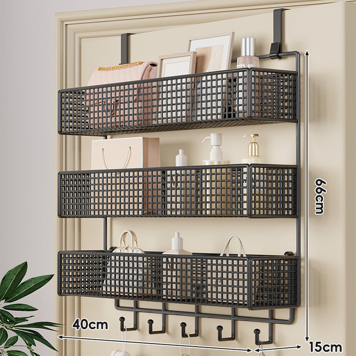 Over-Door Hanging Double-Tier Ventilated Mesh Storage Basket Organizer with Hooks
