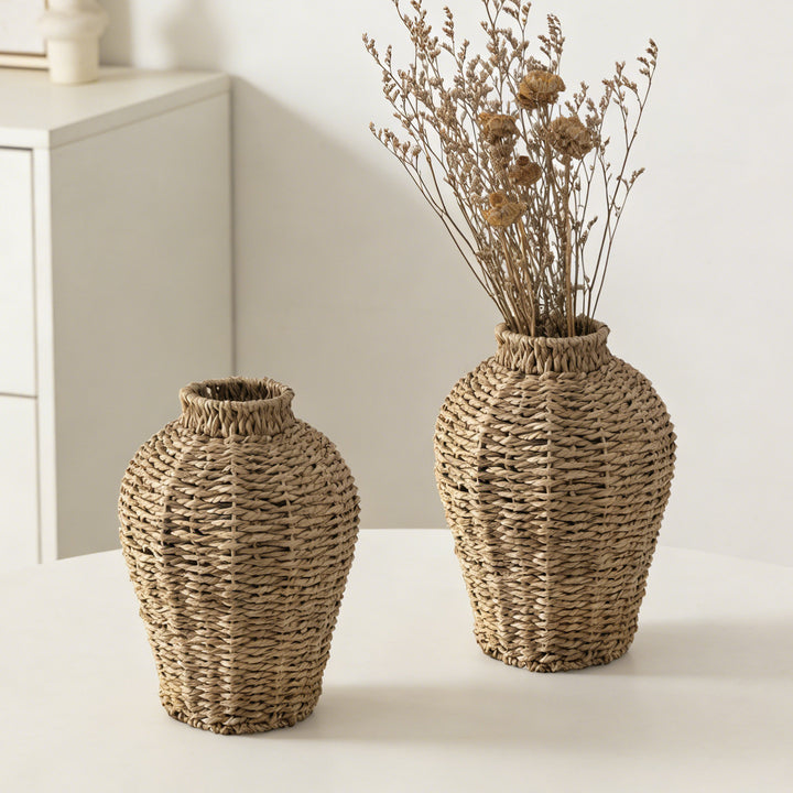 Decorative basket vase made of woven natural material Stornfield