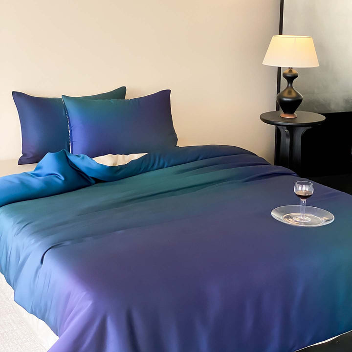 Gradient Satin-Feel Reversible Duvet Cover Set with Hidden Closure & Corner Ties