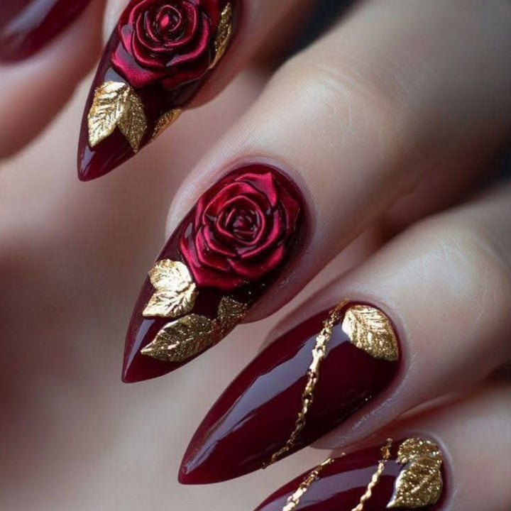 Rose-Accent Stiletto Nail Art Extensions Stornfield