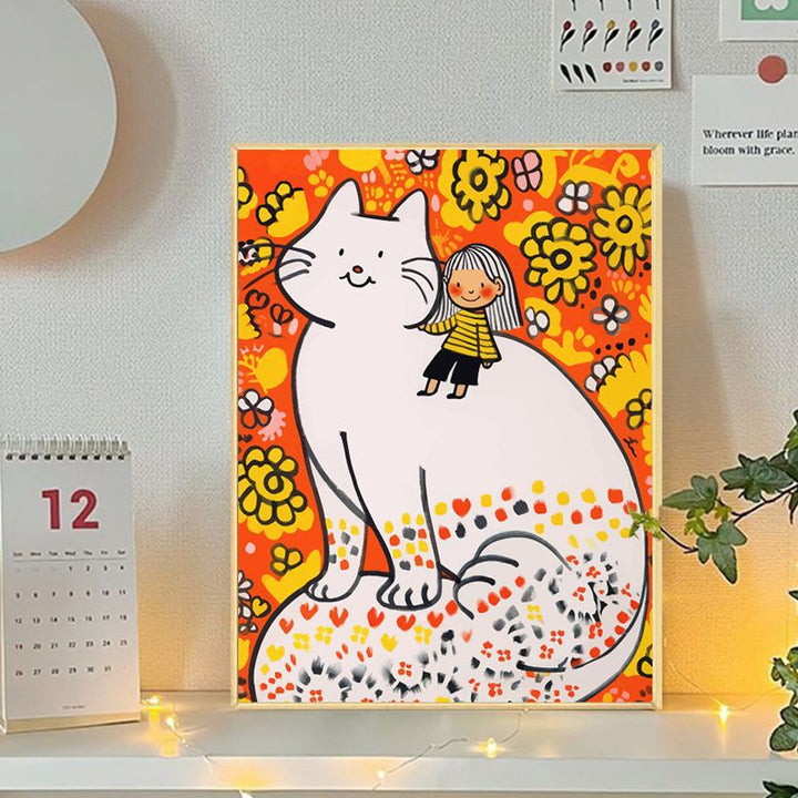 Playful Cat and Girl Illustration Canvas Art Stornfield