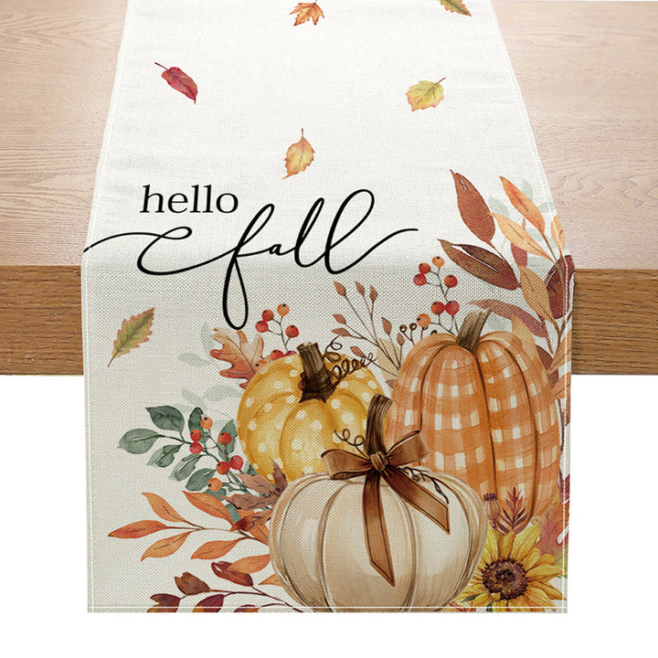 Cotton-Linen Fall Pumpkin Decorative Table Runner with 'Hello Fall' Script