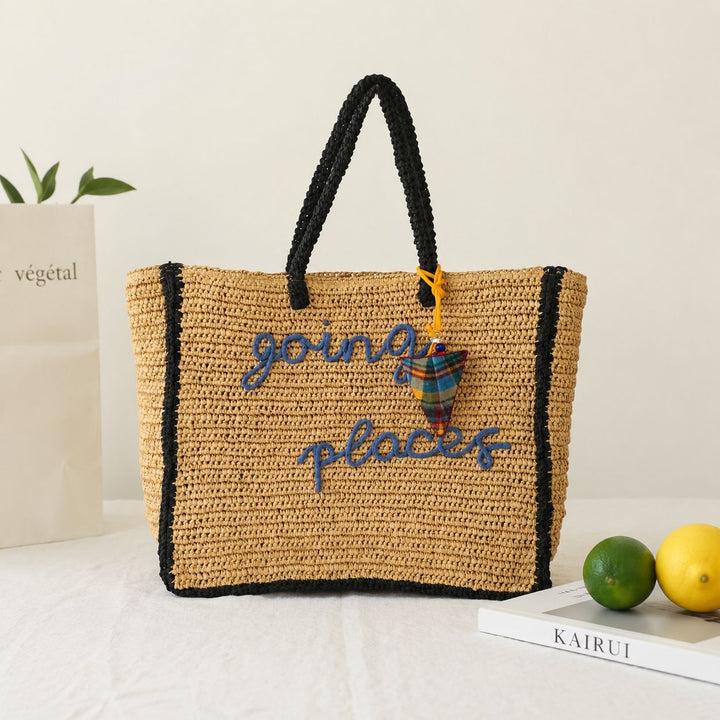 Spacious straw shopping bag with lettering Stornfield