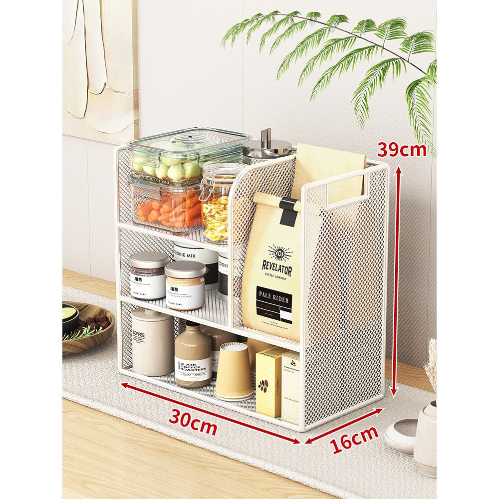 Metal Mesh Countertop Pantry Organizer with Multi-Tier Shelves and Vertical Bag Compartment