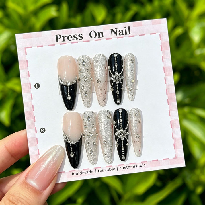 Elegant Reusable Press-On Nail Art Set with Floral Accents