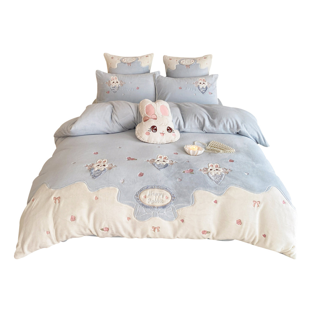 Embroidered Bunny Cotton-Sateen Duvet Cover Set with Plush Bunny Pillow and Ruffled Edge