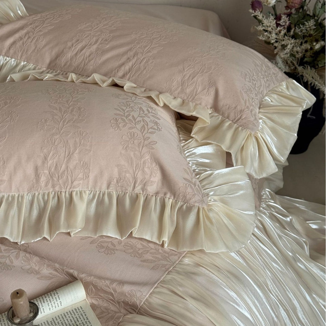Luxurious Ruffled Satin Bedding Set with Pleated Coverlet