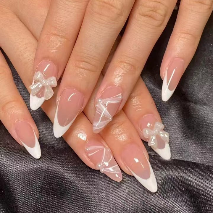Artificial nail set with elegant 3D bows and lace decorations Stornfield