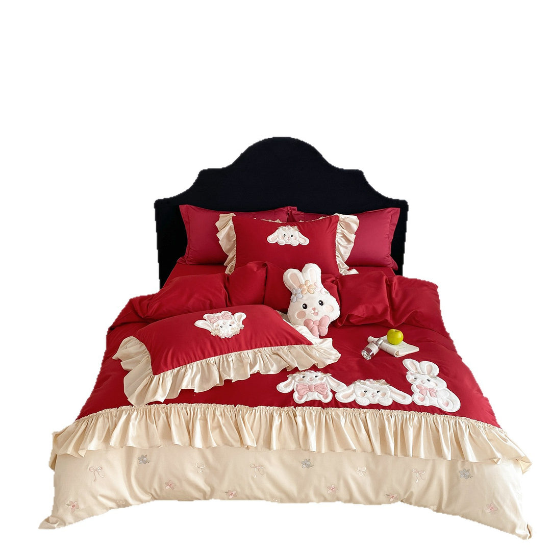 Embroidered Ruffled Bunny Appliqué Duvet Cover Bedding Set