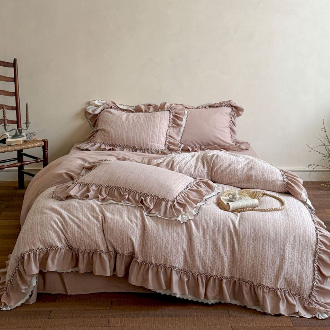 Ruffled Floral Stripe Cotton Duvet Cover and Sham Set