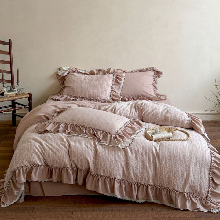 Ruffled Floral Stripe Cotton Duvet Cover and Sham Set
