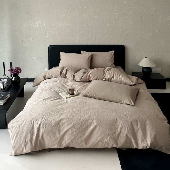 Luxury cotton satin bedding set with embossed wave texture and concealed hotel closure