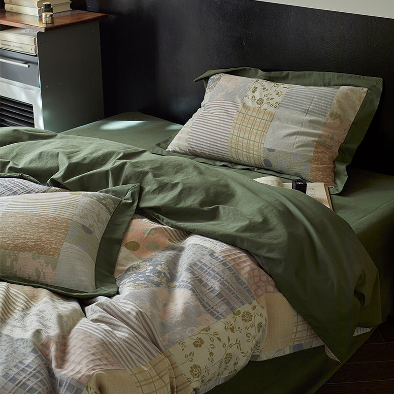 Reversible Cotton Sateen Duvet Cover Set with Patchwork Accent Pillowcases