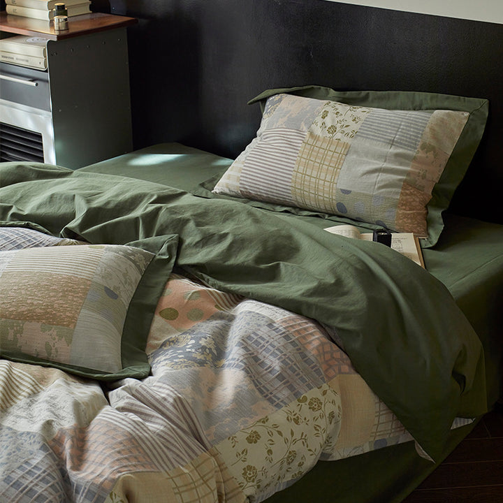 Reversible Cotton Sateen Duvet Cover Set with Patchwork Accent Pillowcases