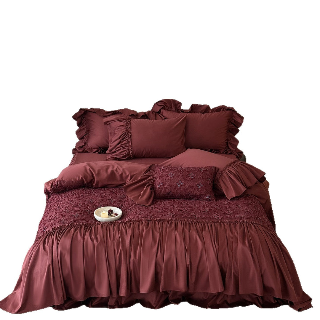 Opulent ruffled table cover and bed cover set made of cotton satin with embroidered decorative pillow