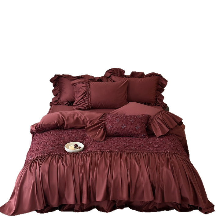 Opulent ruffled table cover and bed cover set made of cotton satin with embroidered decorative pillow