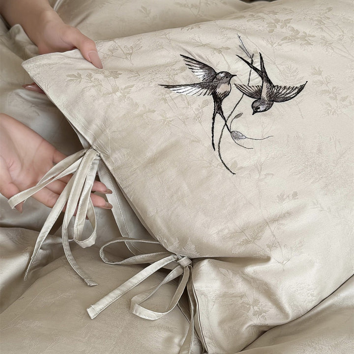 Jacquard Satin-Feel Duvet Cover Set with Embroidered Swallow & Tie-Closure Pillowcases