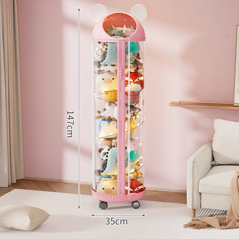 Vertical Clear Cylinder Plush Toy Storage Tower with Divided Shelves and Caster Base
