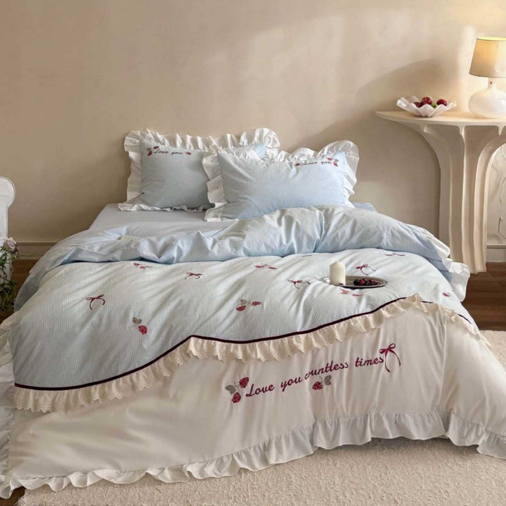 Ruffled Embroidered Cotton Duvet Cover Set with Romantic Rose Motif & Lace-Trim Pillow Shams