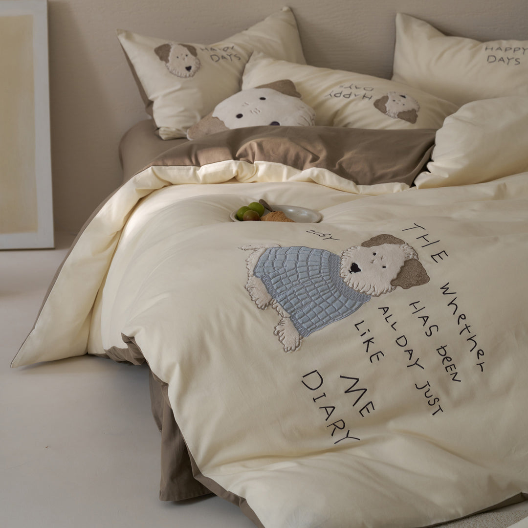Embroidered Cotton Duvet Cover Set with Reversible Solid Backing and Dog Applique